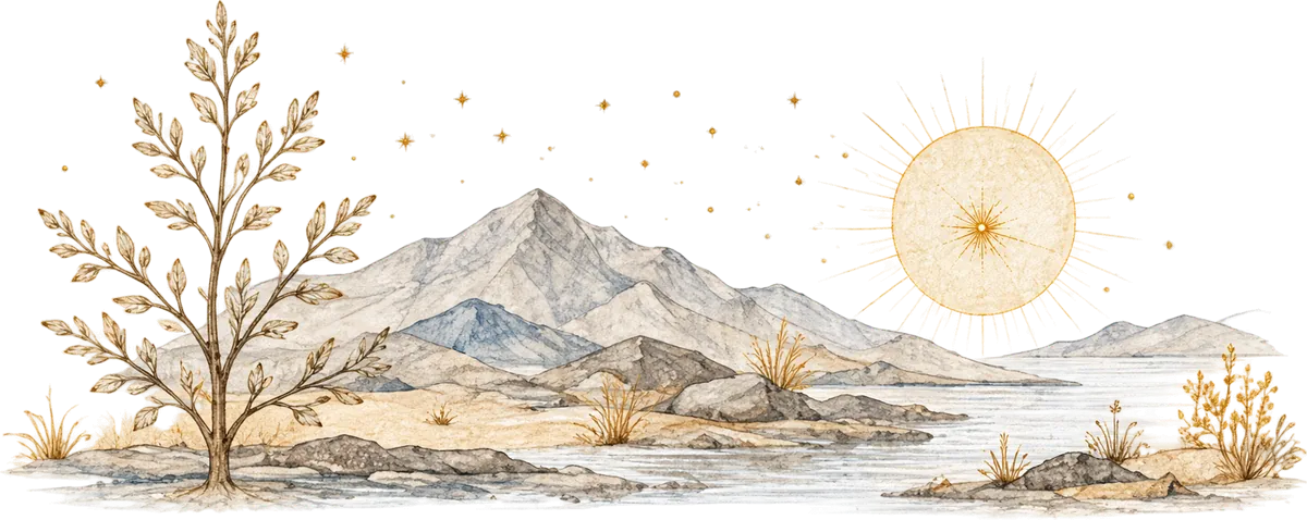 A drawn landscape: a leafed tree at the left, a mountain range across still water, golden grasses at the shore and a radiating sun low in the sky.