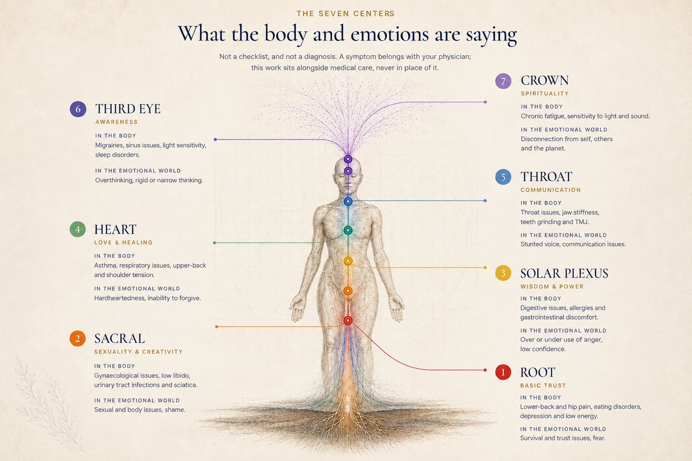 A diagram of the seven centres: an illustrated standing figure with the seven centres lit along the spine, each labelled in a callout giving what it holds in the body and in the emotional world.