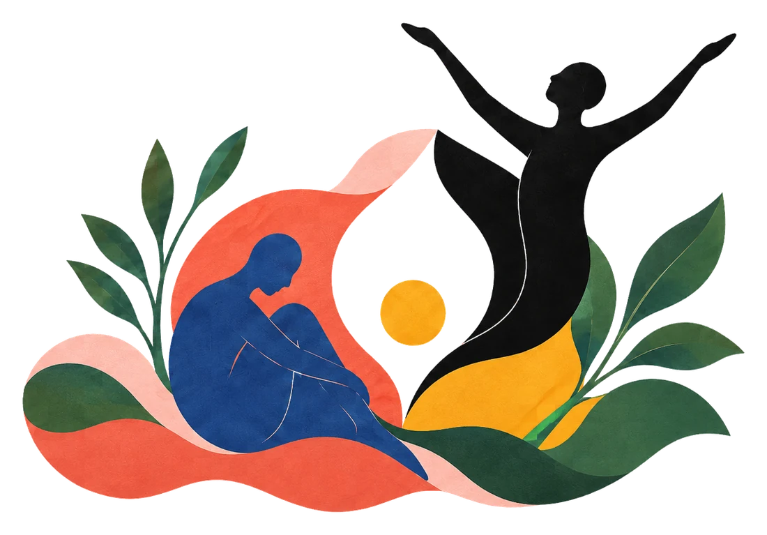 Two figures on a bed of leaves and colour: one seated and turned inward, one standing with arms open, a small sun between them.