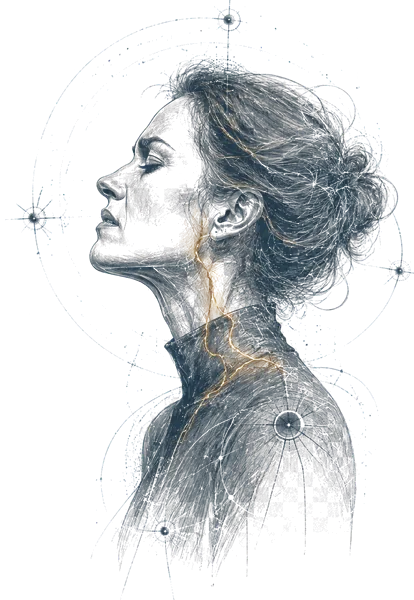 A drawn figure in profile, chin lifted and jaw set, with a thread of gold light running down the side of the neck into the shoulder.