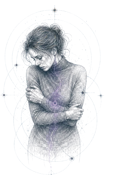 A drawn figure with the head lowered and both arms wrapped across the body, a violet light gathered at the centre of the torso.