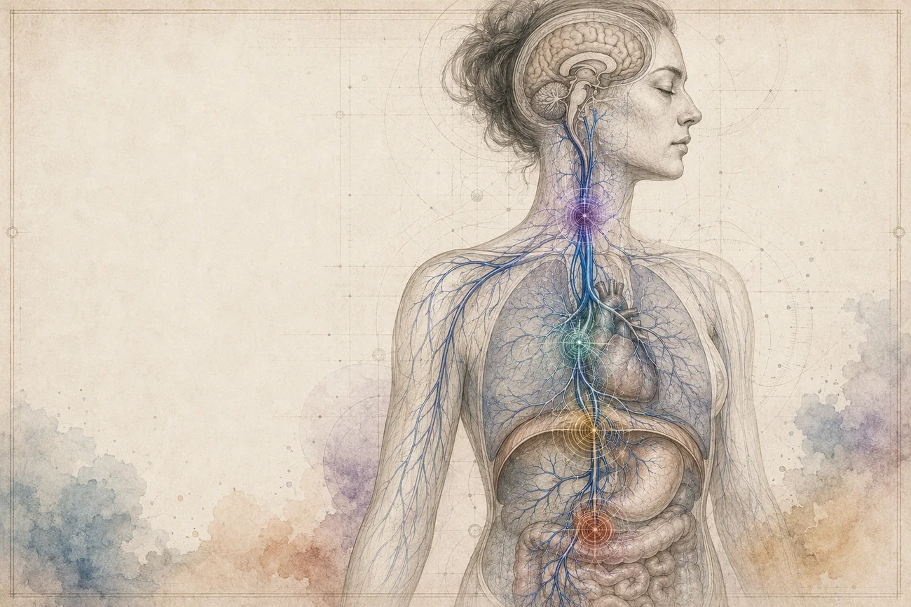 An illustrated figure in profile with the vagus nerve traced in blue from the brainstem down through the neck and chest into the abdomen.