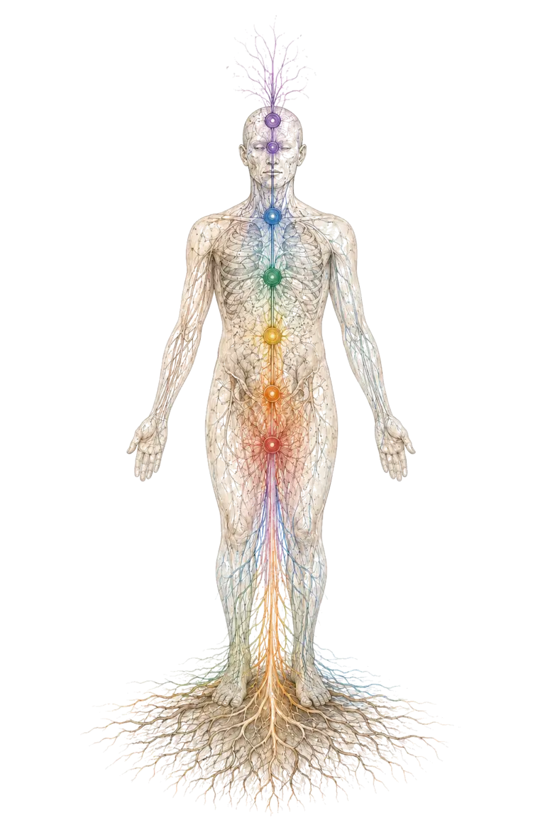 An illustrated human figure with the seven energy centres marked from root to crown.